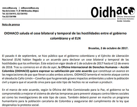 OIDHACO saluda el cese bilateral y temporal de las hostilidades entre el gobierno colombiano y el ELN