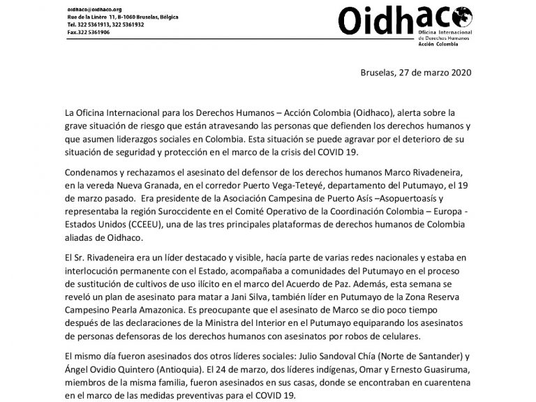 Denuncia internacional ante asesinatos y situación de líderes y personas defensoras de Colombia en la crisis de COVID 19